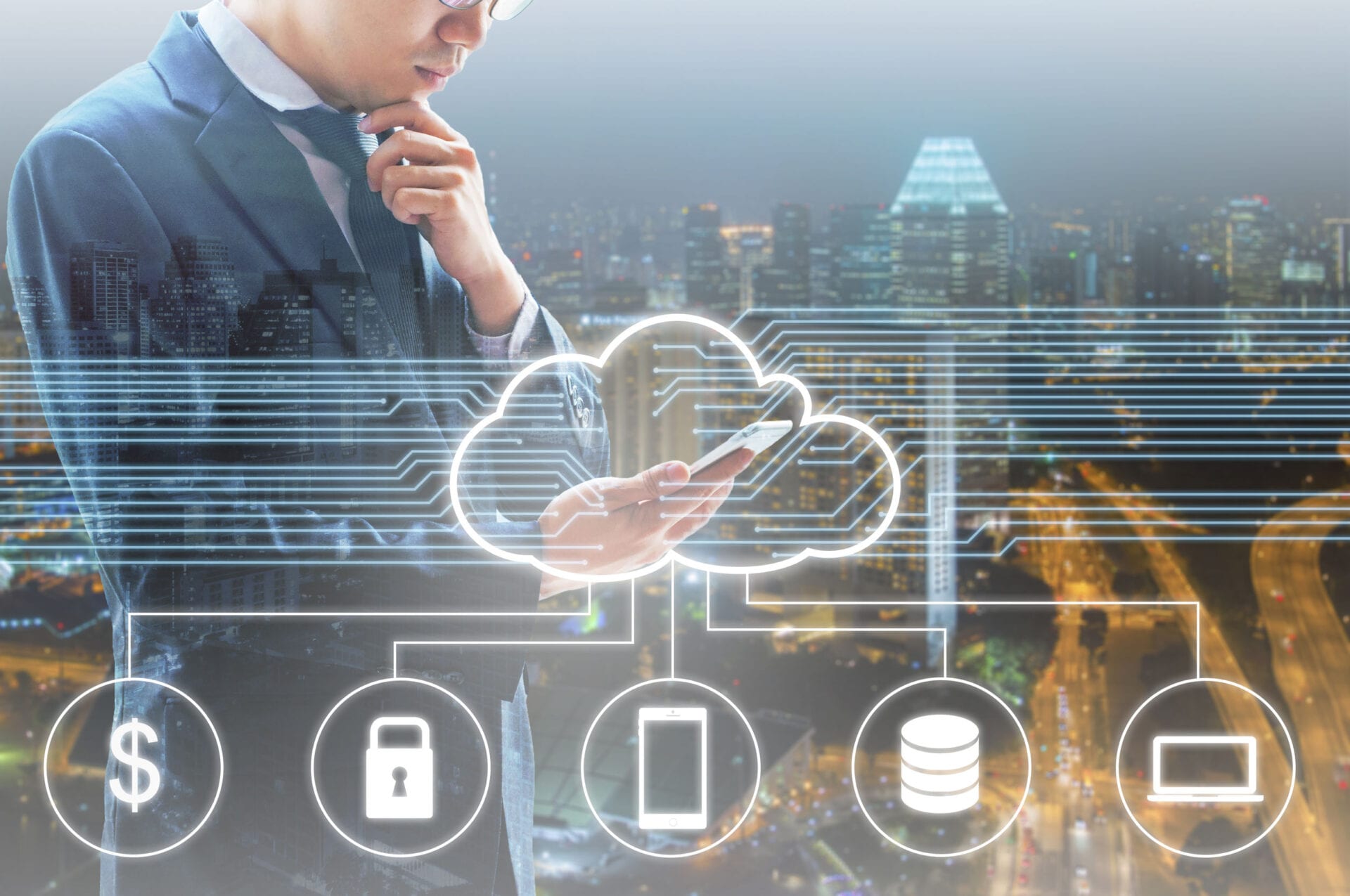 Double exposure of professional businessman connected Cloud technology with internet and wireless network with his smart phone and city of business background in business trading and technology concept