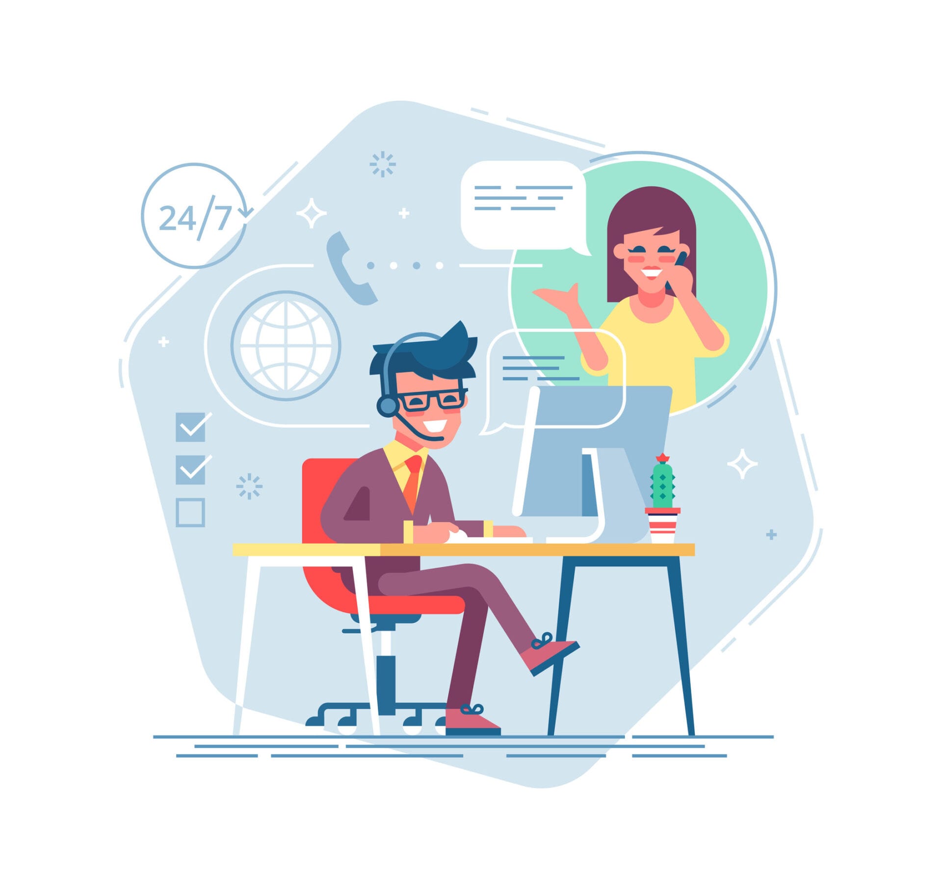 Happy male helpline operator with headset consulting a client. Online global tech support 24 7. Operator and customer. Technical support concept. Vector illustration in flat design.